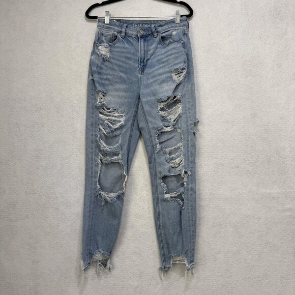 American Eagle Jeans Womens 4 Blue Distressed Mom Jean High Rise Ripped Denim - Picture 1 of 14